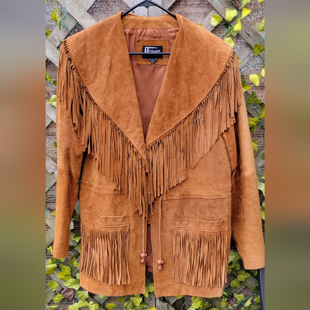 Vintage COMINT Fringed Suede Leather Coat L - Picture 3 of 6